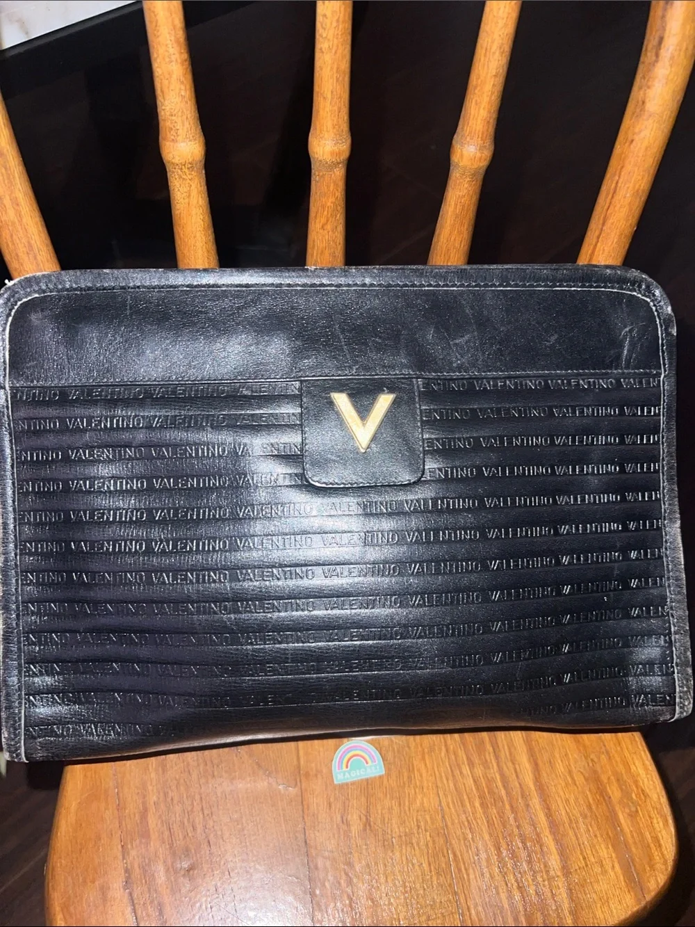 Valentino Black Leather Men's Laptop Document Case with Gold V Emblem